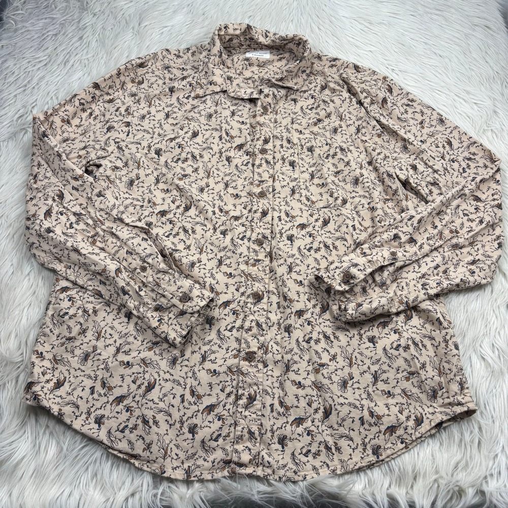 Mutual Weave Men's XL Beige Navy Floral LS Button Front Shirt Cotton Boho Artsy